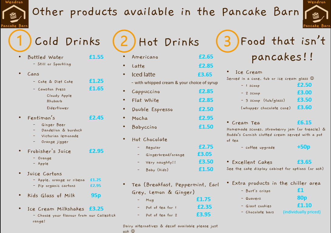 Menu Wendron Pancake Barn